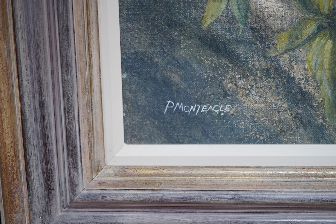 Paul Monteagle (Contemporary), Study of a cat amongst flowers, signed, Llewellyn Alexander, London, inscribed label verso, oil on canvas, 49 x 74cm